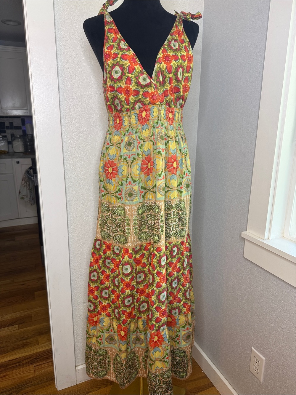 Angie Patchwork Floral Paisley Tie Shoulder Smocked Waist Maxi Dress size Large